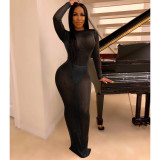 Bright color sexy hollow open back long sleeve nightclub dress women's clothing