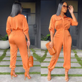 Women's casual fashion solid color high waist pocket tooling short sleeve shirt jumpsuit