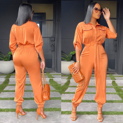Women's casual fashion solid color high waist pocket tooling short sleeve shirt jumpsuit