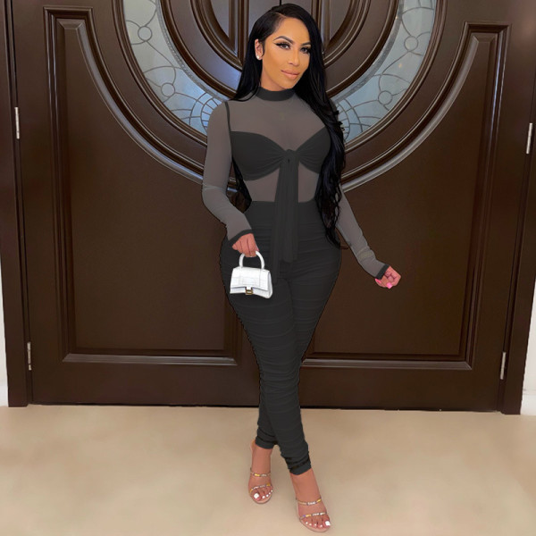 Long-sleeved tight-fitting lace-up high-stretch sexy nightclub net gauze jumpsuit