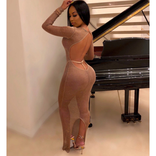 Bright color sexy hollow open back long sleeve nightclub dress women's clothing