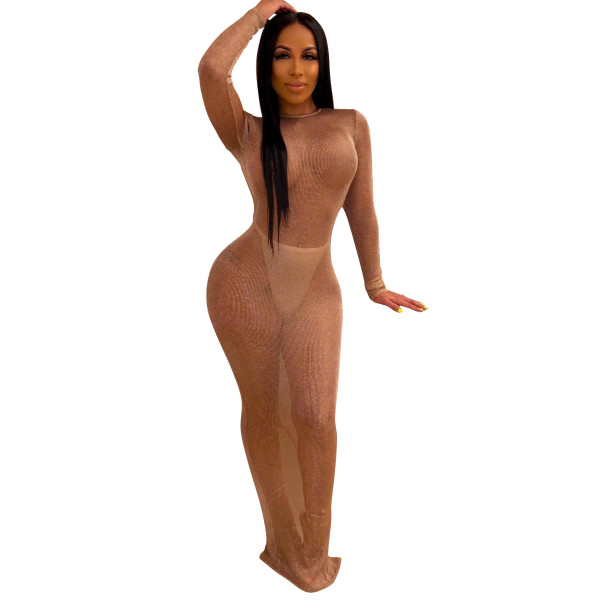 Bright color sexy hollow open back long sleeve nightclub dress women's clothing