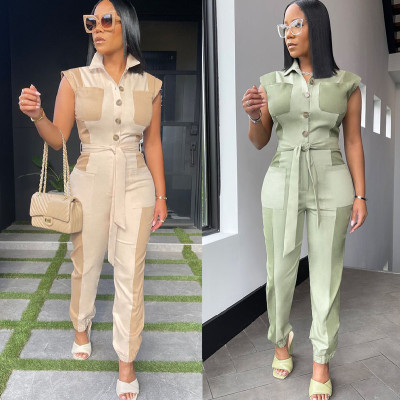 Women's casual fashion color matching waist trimming shirt short-sleeved jumpsuit with belt