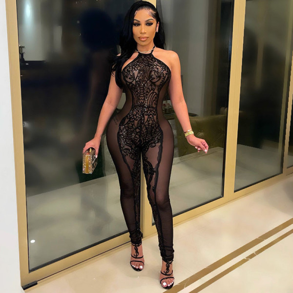 Sexy nightclub women's new see-through sleeveless lace sequin halter jumpsuit