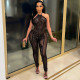 Sexy nightclub women's new see-through sleeveless lace sequin halter jumpsuit