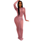 Bright color sexy hollow open back long sleeve nightclub dress women's clothing