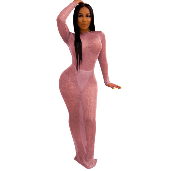 Bright color sexy hollow open back long sleeve nightclub dress women's clothing