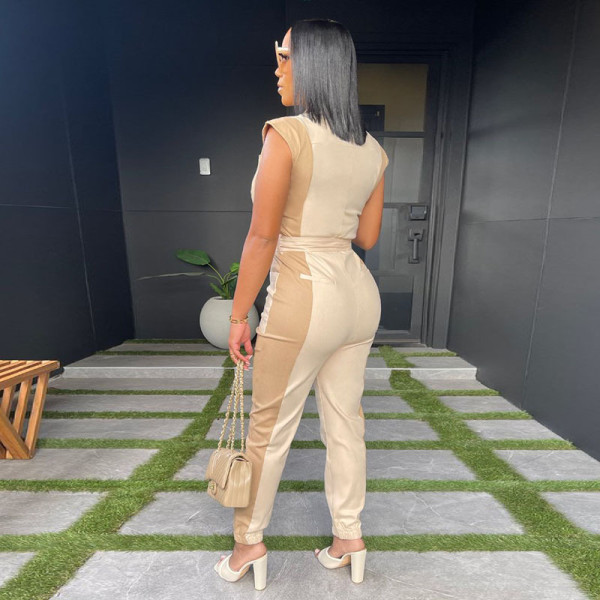 Women's casual fashion color matching waist trimming shirt short-sleeved jumpsuit with belt