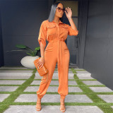Women's casual fashion solid color high waist pocket tooling short sleeve shirt jumpsuit
