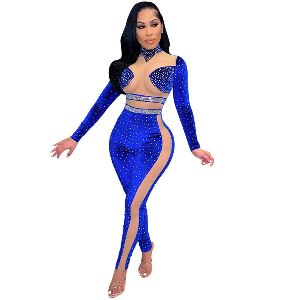 Nightclub style sexy net yarn perspective stitching flannel hot diamond jumpsuit women