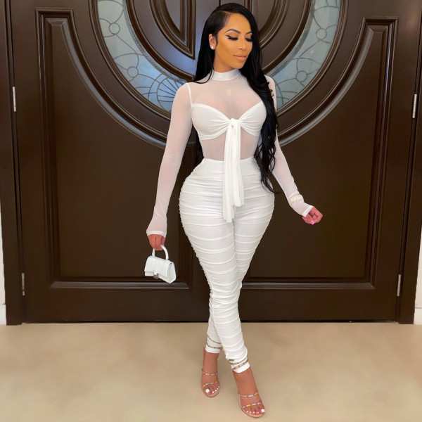 Long-sleeved tight-fitting lace-up high-stretch sexy nightclub net gauze jumpsuit