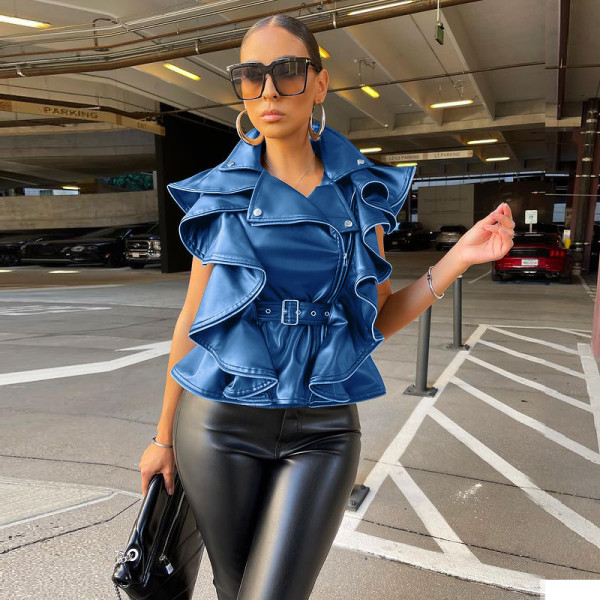 New Fashion Lapel Sleeveless Tunic Pull-up Ruffle Faux Leather Jacket