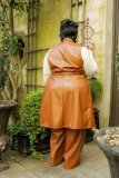 Large size leather suit autumn and winter new style lapel sleeveless imitation leather long vest two-piece