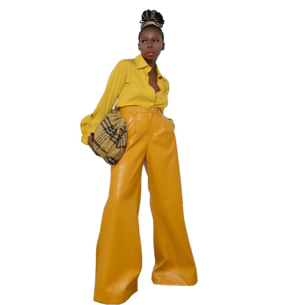 Explosive style imitation leather fashion loose wide-leg trousers women
