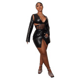 New women's fashion sexy mesh low-cut fishbone corset bag hip imitation leather dress