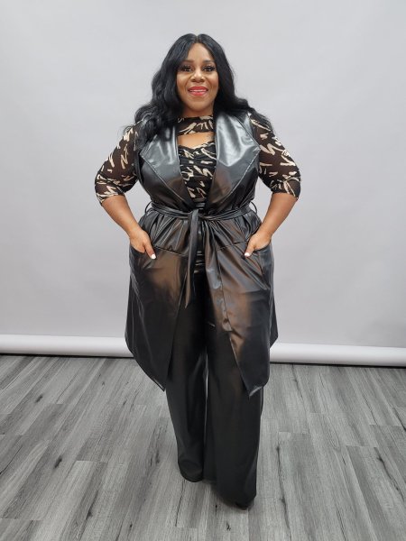 Large size leather suit autumn and winter new style lapel sleeveless imitation leather long vest two-piece