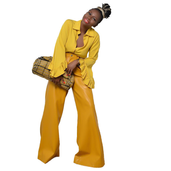 Explosive style imitation leather fashion loose wide-leg trousers women