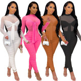 Long-sleeved tight-fitting lace-up high-stretch sexy nightclub net gauze jumpsuit