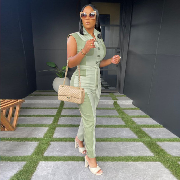 Women's casual fashion color matching waist trimming shirt short-sleeved jumpsuit with belt