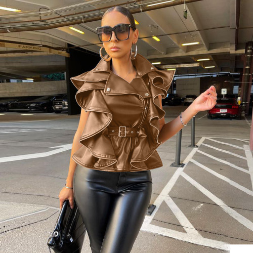 New Fashion Lapel Sleeveless Tunic Pull-up Ruffle Faux Leather Jacket