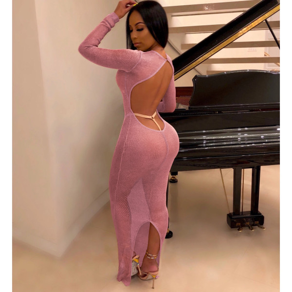 Bright color sexy hollow open back long sleeve nightclub dress women's clothing