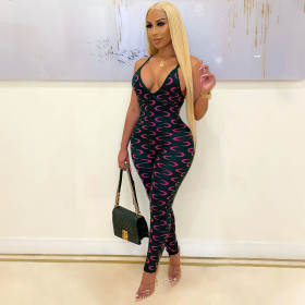 New moon print trousers sexy low-cut sling jumpsuit