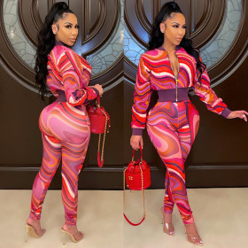 New autumn fashion zip-up jacket, long-sleeved printed two-piece sports suit