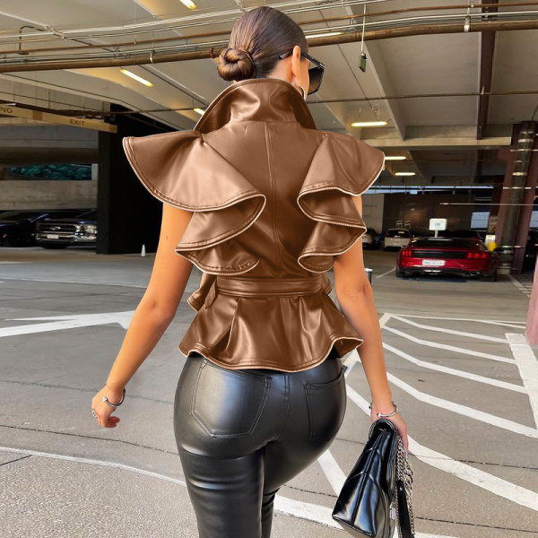 New Fashion Lapel Sleeveless Tunic Pull-up Ruffle Faux Leather Jacket