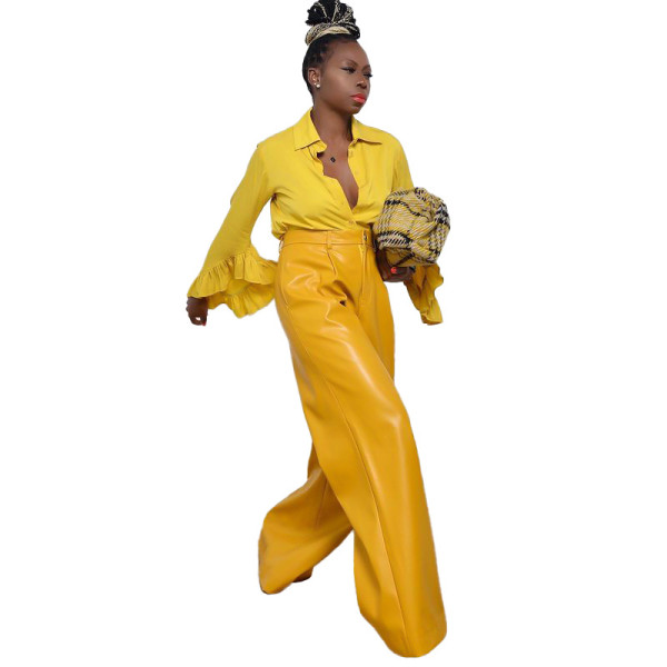 Explosive style imitation leather fashion loose wide-leg trousers women