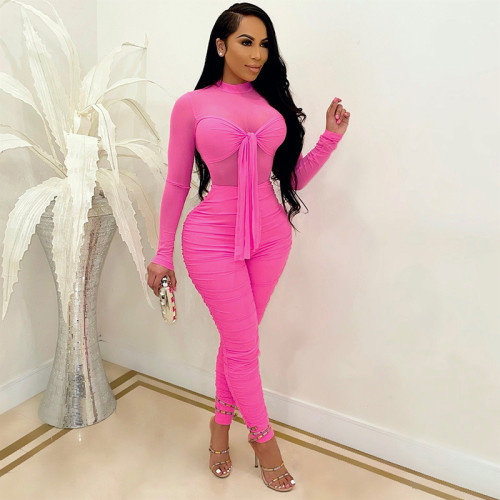 Long-sleeved tight-fitting lace-up high-stretch sexy nightclub net gauze jumpsuit