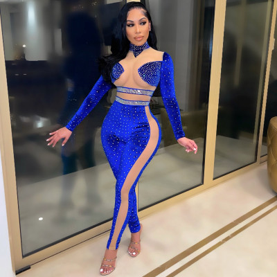 Nightclub style sexy net yarn perspective stitching flannel hot diamond jumpsuit women