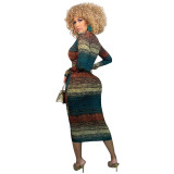 Explosive autumn and winter low-cut pull-up tight-fitting print sexy dress