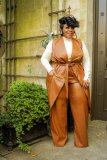 Large size leather suit autumn and winter new style lapel sleeveless imitation leather long vest two-piece