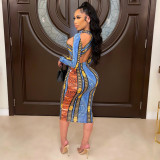 Sexy nightclub skirt women's long-sleeved printed cross-belt hollow open back dress