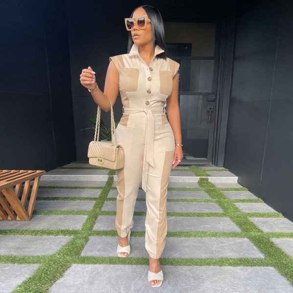 Women's casual fashion color matching waist trimming shirt short-sleeved jumpsuit with belt