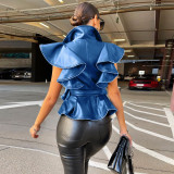 New Fashion Lapel Sleeveless Tunic Pull-up Ruffle Faux Leather Jacket