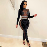Nightclub style sexy net yarn perspective stitching flannel hot diamond jumpsuit women