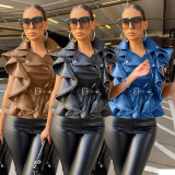 New Fashion Lapel Sleeveless Tunic Pull-up Ruffle Faux Leather Jacket