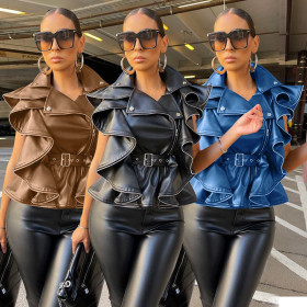 New Fashion Lapel Sleeveless Tunic Pull-up Ruffle Faux Leather Jacket