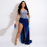 Sexy fashion sling irregular high slit sequin leaky back dress