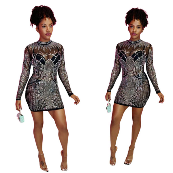 Fashion sexy perspective hot diamond show figure dress without underwear and panties