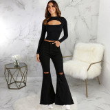 Fashion all-match wide-leg denim flared pants with holes in the knee