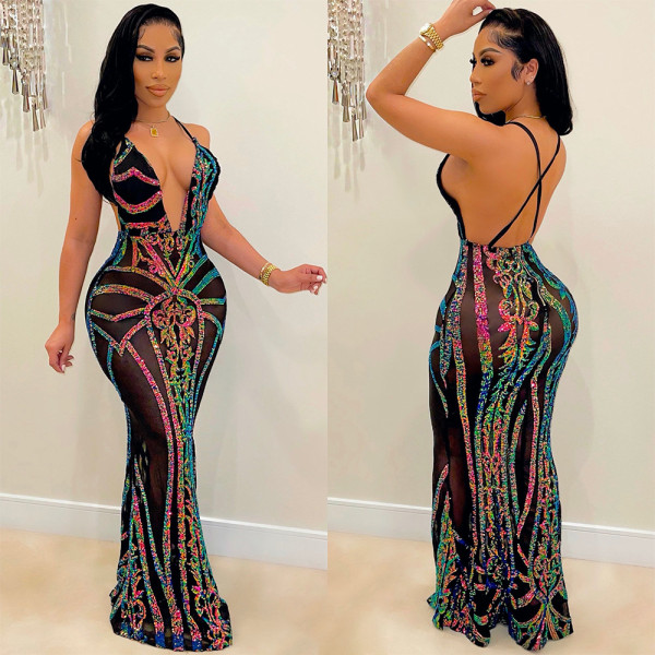 Fashion sexy deep v sling cross sequin dress without panties
