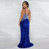 Sexy fashion sling irregular high slit sequin leaky back dress