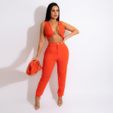 Fashion casual sleeveless short top women with slim pencil pants solid color two-piece suit