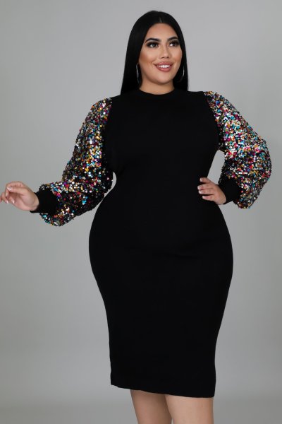 Women's clothing new sexy solid color sequined puff sleeve fat lady dress fat lady dress