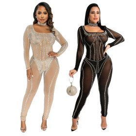 Fashion sexy casual one word collar hot rhinestone perspective skinny jumpsuit plastic