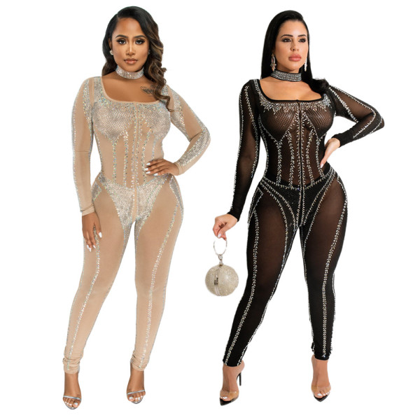 Fashion sexy casual one word collar hot rhinestone perspective skinny jumpsuit plastic