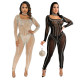 Fashion sexy casual one word collar hot rhinestone perspective skinny jumpsuit plastic
