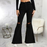 Fashion all-match wide-leg denim flared pants with holes in the knee